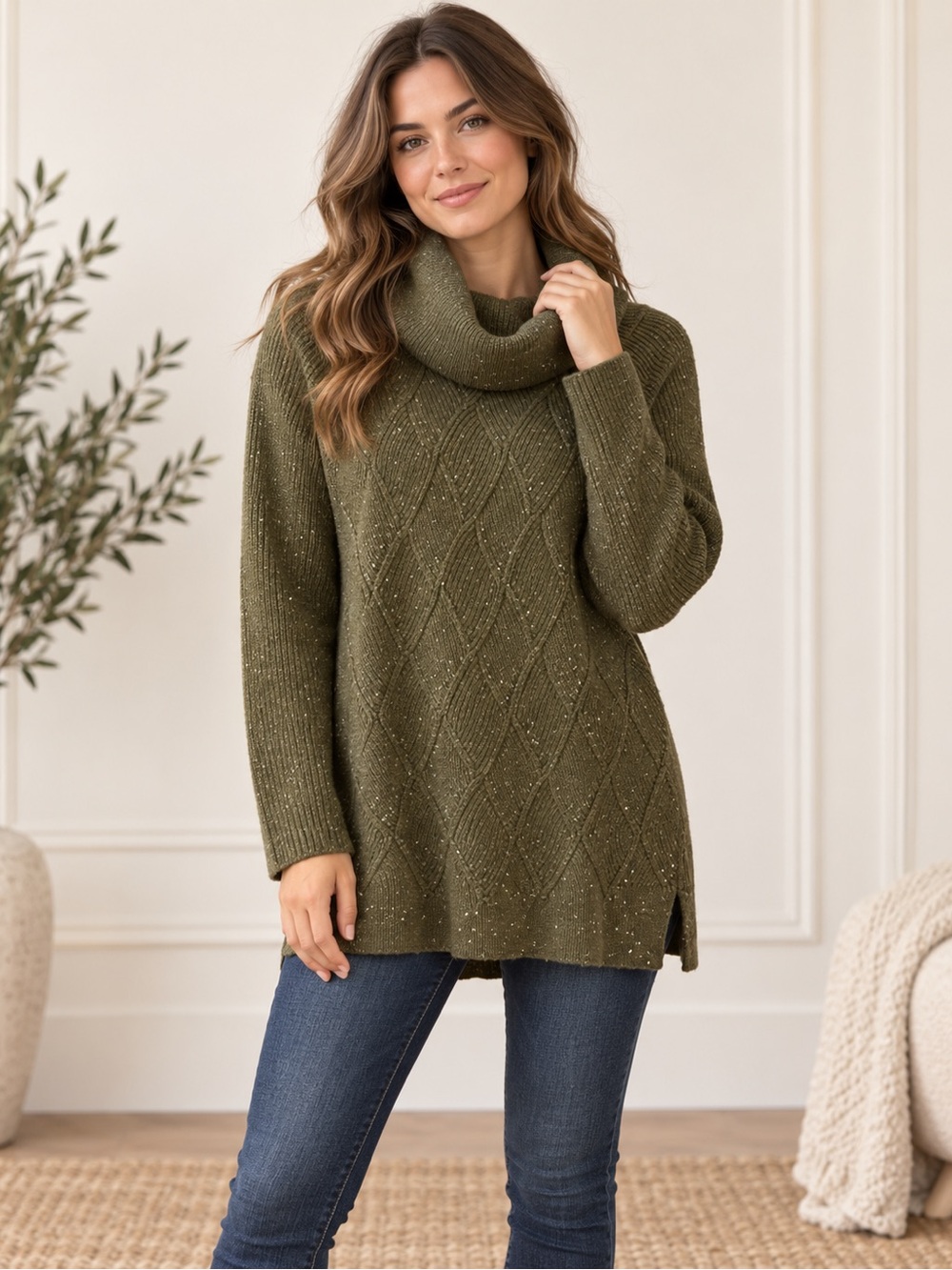 Talbots Olive Cowl Neck Diamond Cable Tunic